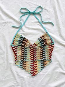 Nuevo top casual de vacaciones, estilo occidental, para invitados de boda en la playa, graduación, brunch, Día de San Patricio, vacaciones de primavera, Pascua, festival de música, elegante, bohemio, tropical, con cuello halter y lazo en la espalda - Multicolor - Ver 2