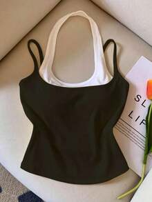 Top sin mangas de color contrastante, casual y de moda para el verano - Negro - Ver 1