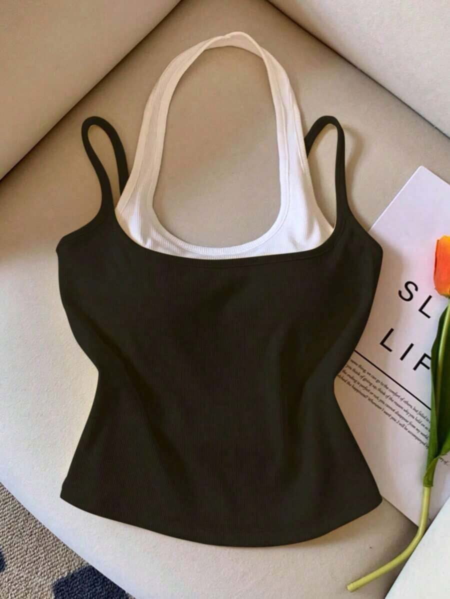 Top sin mangas de color contrastante, casual y de moda para el verano - Negro - Ver 1