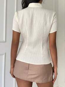Blusa de cuello Mao de manga corta con cintura ceñida, estilo chino nuevo en color albaricoque, nuevo diseño de primavera/verano para mujer - Albaricoque - Ver 7
