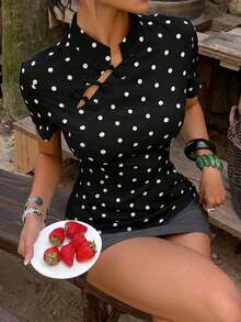 Blusa de cuello Mao de manga corta con cintura ceñida, estilo chino nuevo en color albaricoque, nuevo diseño de primavera/verano para mujer - Blanco y Negro 2 - Ver 2