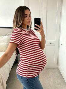 Camiseta De Maternidad De Cuello Redondo A Rayas De Manga Corta Para Verano - Rojo - Ver 3