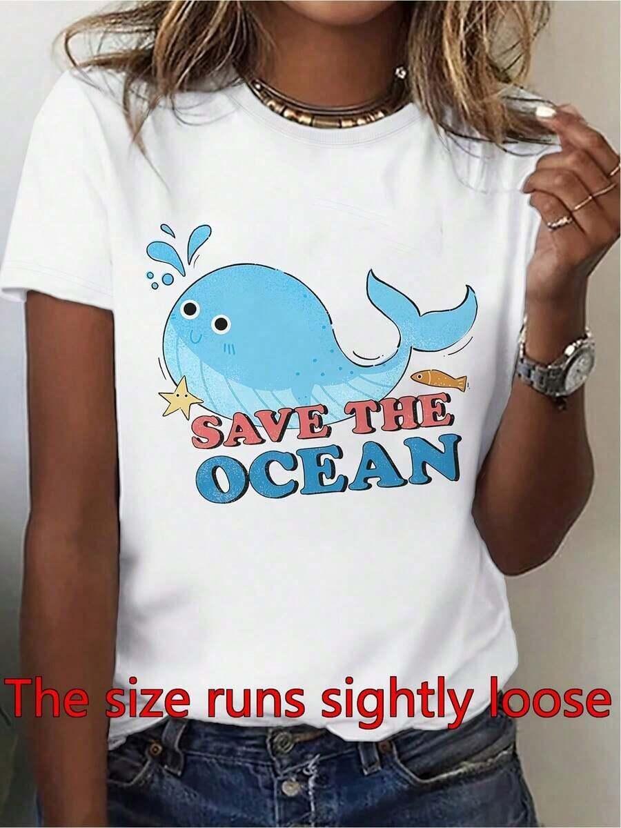 Camiseta Coquette con temática de playa de verano - Diseño gráfico "Salvemos el Océano"| Casual cuello redondo camiseta de manga cortara las mujeres, cómodo y reflexivo regalo parrimavera y verano, camiseta de playa - Blanco - Ver 1