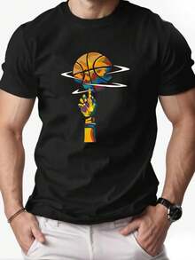Men's Casual Summer-Shirt With Basketball Print, Round Neck And Short Sleeve - 黑色 - 查看 1