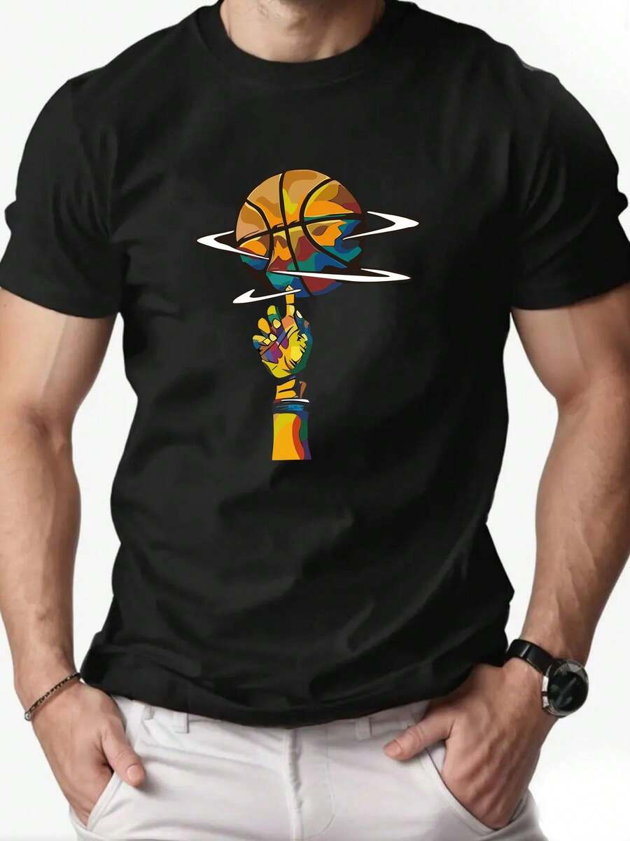 Men's Casual Summer-Shirt With Basketball Print, Round Neck And Short Sleeve - 黑色 - 查看 1
