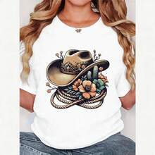 Camiseta de Mujer Retro con Estampado de Sombrero de Vaquero Floral - Camiseta Negra Estilo Occidental con Detalles de Cactus y Cuerda, Tejido Suave y Transpirable, Corte Cómodo de Manga Corta y Cuello Redondo, Lavable a Máquina, Camiseta Casual de Verano - blanco - Ver 6