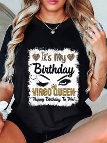 Camiseta Gráfica de Cumpleaños Reina Virgo para Mujer - Lema Divertido Es Mi Cumpleaños con Diseño de Corazones y Estrellas, Camiseta Negra Casual de Cuello Redondo Manga Corta para Verano, Lavable a Máquina, Ropa de Celebración, Ajuste Cómodo, Moda de Verano, Material Transpirable, Top Estampado, Armario de Verano - Negro - Ver 6
