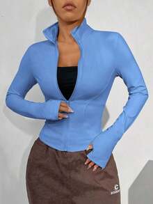 Chaqueta de manga larga de punto ajustada con protección solar para mujer en otoño/invierno, color albaricoque - Azul - Ver 6