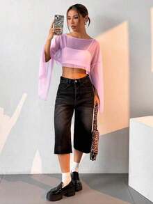 Blusa corta suelta de mangas de murciélago y cuello redondo de unicolor para mujer, de manga tres cuartos, para primavera/verano - Rosa Pálido - Ver 4