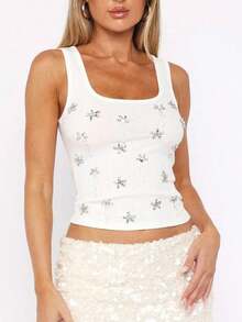 Women Tank Tops Square Neck Sleeveless Rhinestone Floral Decor Summer Slim Fit Vest Shirts - Blanco - Ver 5
