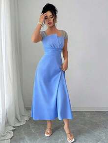 Vestido ajustado de mujer casual con parches y mangas de malla - Negro - Ver 9