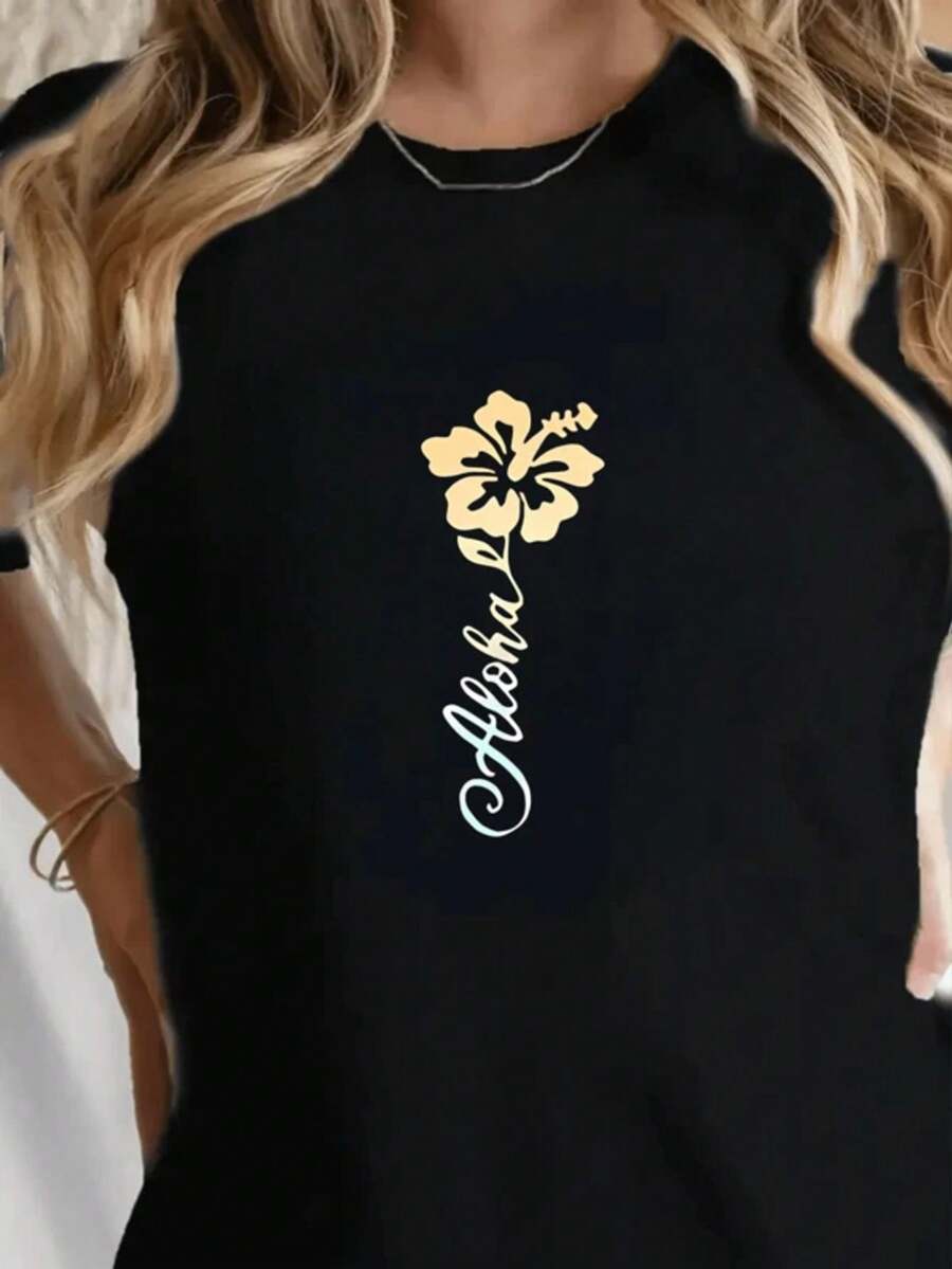 White T Shirt Women Casual Aloha Flower Print Summer Beach Wear Top Fashion Streetwear