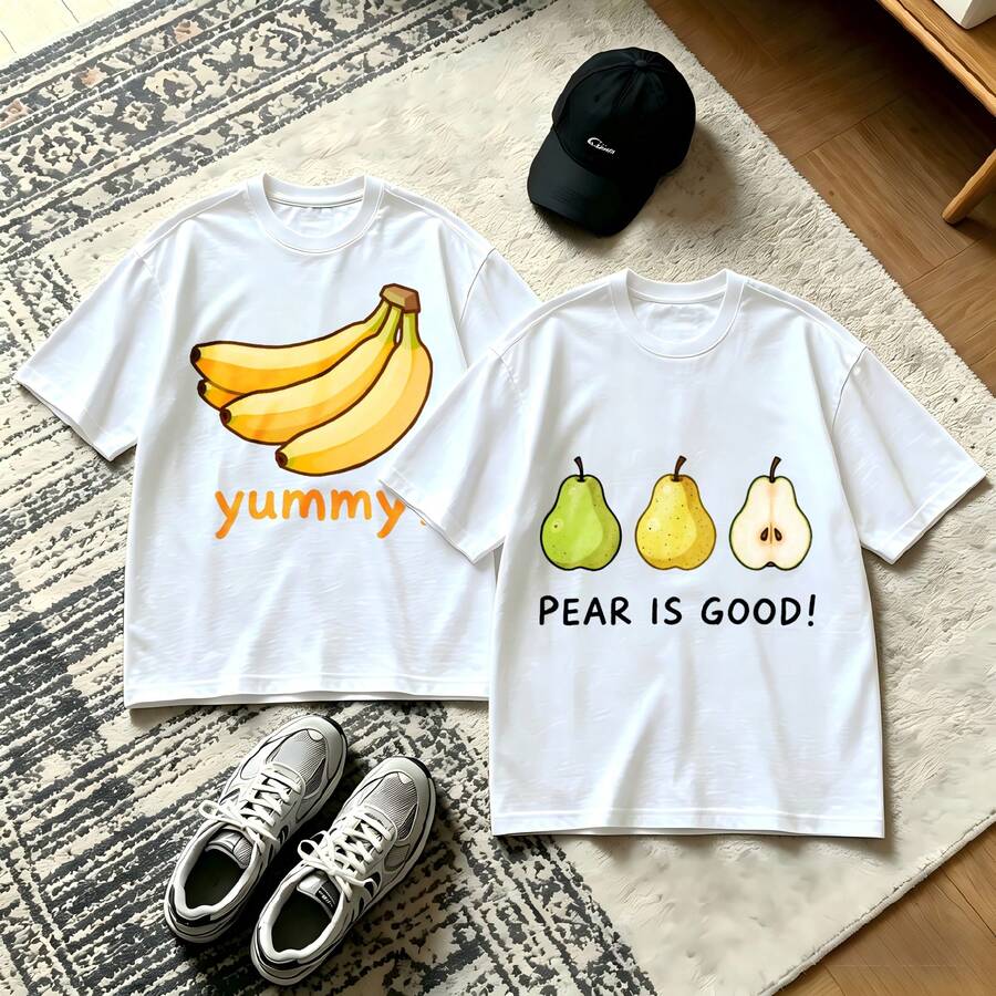 2-Piece Couple Matching Pattern T-Shirt, 100% Cotton, Loose Fit, Soft And Breathable, Casual Round Neck Short Sleeved Top Banana Yummy Pear Is Good Versatile Patterns No Picky Combinations Coordinated Dating Casual Travel Simple And Cartoonish Printing Styles High Cost-Effectiveness Couple Lovers - 白色 - 查看 1