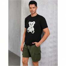 Short Sleeve T-Shirt With Round Neck And Summer Print 2FAH - Hitam - View 5