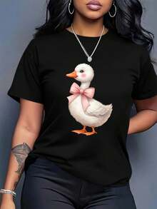 Women's Plus Size Summer Casual T-Shirt - Duck Print T-Shirt For Women - Soft, Loose-Fitting Everyday T-Shirt With Pink Bow, Round Neck, And Short Sleeves, Suitable For Spring And Summer - Women's Everyday Casual Shirt, Duck Print T-Shirt, Spring/Summer Clothing, Vibrant Design, Comfortable Fit, Spring Fashion, Breathable Material, Printed T-Shirt, Stylish Fashion T-Shirt For Women. - 黑色 - 查看 2