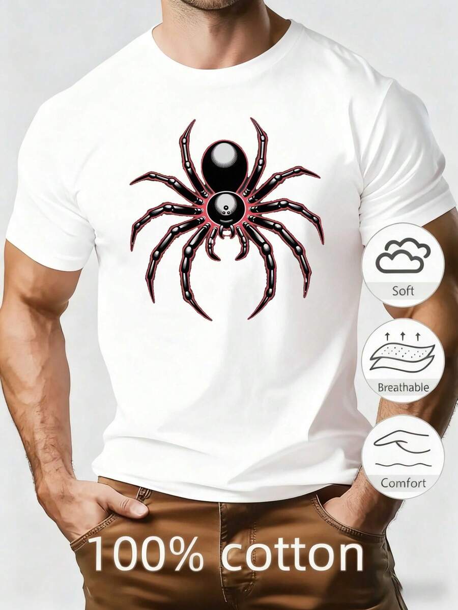 Camisetas de Hombre con Diseño de Araña Roja, de Algodón Transpirable, Cuello Redondo, Corte Regular, Lavables a Máquina, Ideales para Salidas de Verano, Festivales y Uso Casual - Blanco - Ver 1