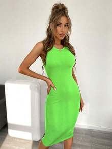 Vestido casual de mujer de unicolor, acanalado y ajustado sin mangas - Verde - Ver 3