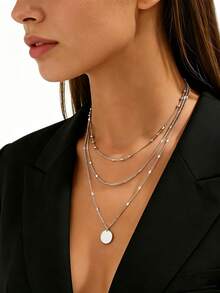 1pc Fashionable Minimalist Versatile Multi-Layer Chain Geometric Disc Metal Pendant Necklace, Suitable For Women's Daily Wear - Silver - View 3