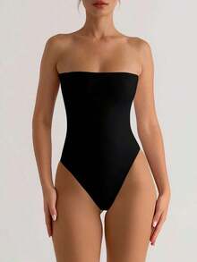 Body de verano para mujer de tela elástica de doble capa en blanco y negro, de estilo minimalista para uso diario y vacaciones, elegante - Negro - Ver 8