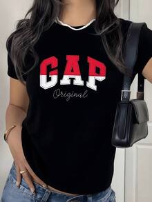 Letras grandes en rojo y blanco que simbolizan fuerza energía y confianza con un toque moderno y urbano camiseta de mujer casual cómoda para uso diario - Negro - Ver 8