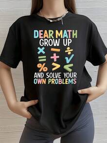 Frases coloridas y símbolos matemáticos que expresan un mensaje divertido sobre aprender y resolver problemas por uno mismo camiseta de mujer moderna cómoda para uso diario - Negro - Ver 8