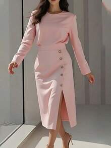 Long, Plain Party Dress, Spring 2026, Fitted With An Elegant Slit - Pink - View 1