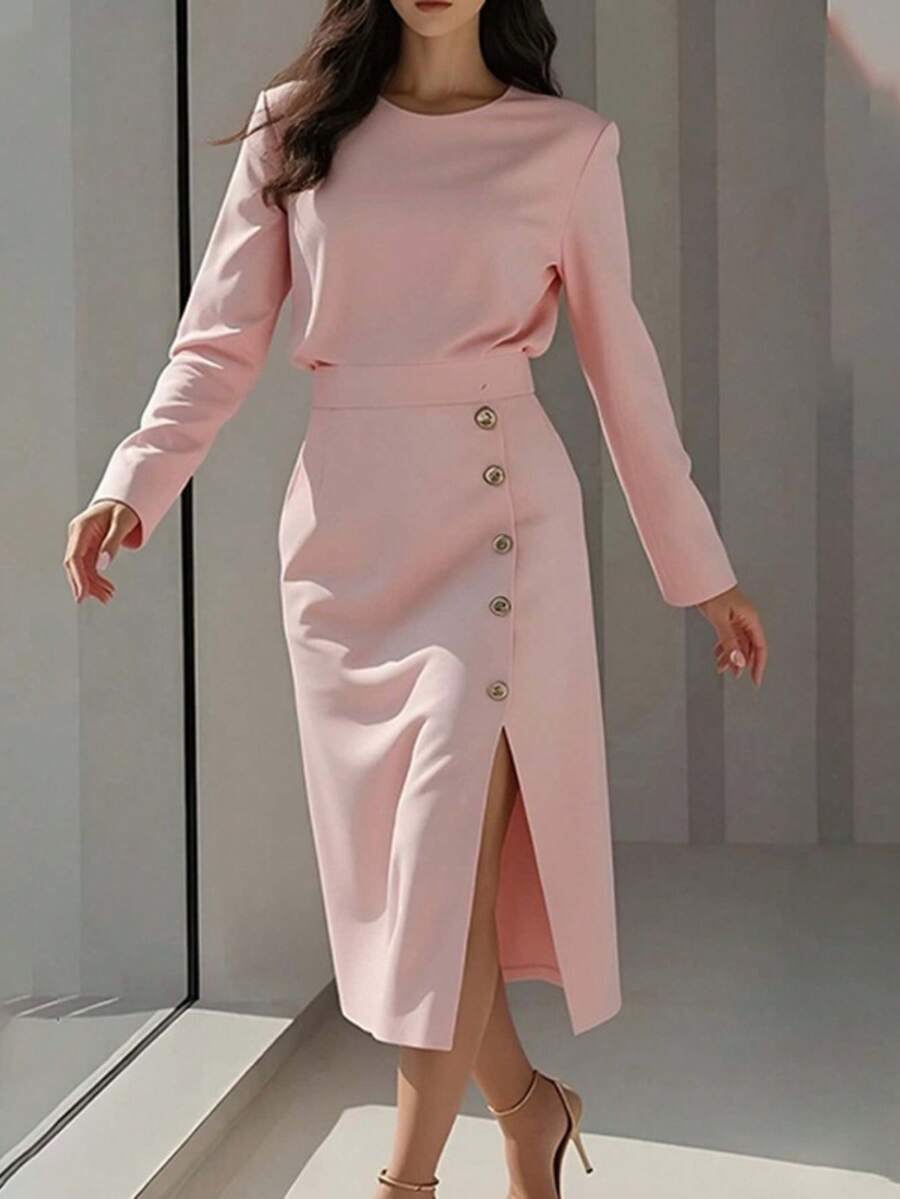 Long, Plain Party Dress, Spring 2026, Fitted With An Elegant Slit - Pink - View 1