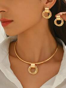 2pcs/Set Middle Eastern Elegant Necklace + Earrings Jewelry Set, Fashionable Metallic Geometric Design With Multiple Circular Pendants, Flat Snake Chain Necklace, Suitable For Daily, Party And Holiday Occasions - Collar - View 5