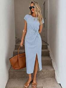 Vestido midi casual de mujer con estampado de lunares, cintura retorcida y abertura alta sin mangas; Vestido ajustado texturizado casual de mujer; Conjunto de fitness de mujer; Vestido de invitada de boda de mujer; Atuendo de oficina de mujer - Multicolor 6 - Ver 4