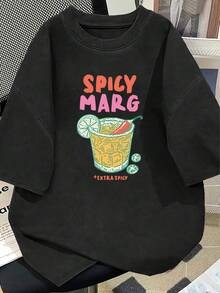 Diseño de patrón de margarita picante de gran tamaño, serie divertida e informal, estilo de vacaciones de verano, estampado de cola de gallo Elet, camiseta con estampado de etiqueta peq - Negro - Ver 1