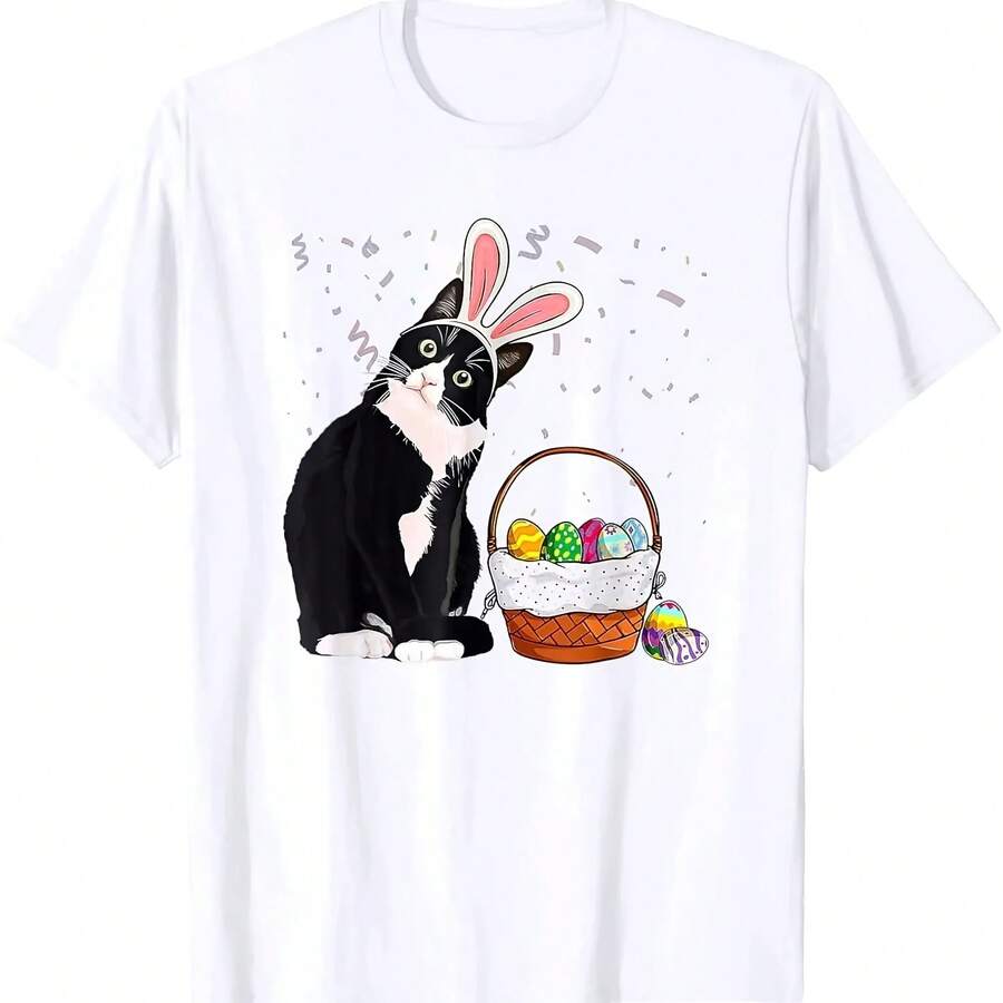 Women's Casual T-Shirt With Bunny Ears And Easter Basket Print, Men's And Women's Crew Neck T-Shirt, Cat Print Tops, Vintage Y2k T-Shirt - 款式 - 查看 1