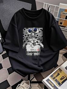 Imagen de un adorable robot con ojos que reflejan el universo simbolizando curiosidad tecnológica y amor por la exploración camiseta de mujer  casual cómoda ideal para uso diario moderna y suave - Negro - Ver 2