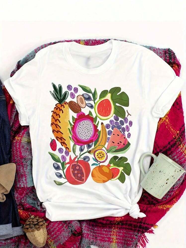 Women's Casual T-Shirt, Vintage Tropical Fruit Print, Soft Gray With Vibrant Design Of Mango, Pineapple, Dragon Fruit, Passion Fruit And Raspberry Leaf, Casual Outfit For Everyday Wear Or Tropical Parties, Breathable, Comfortable Fit For All Seasons, Lightweight Graphic T-Shirt, 100% Cotton, Durable - 白色 - 查看 1