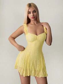 Vestido mini de línea A con parches de encaje, color albaricoque, para verano - Mostaza Amarilla - Ver 6