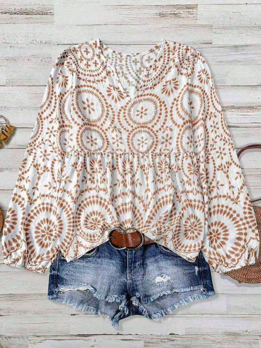 Blusa de manga larga de bambú con estampado de nudos y parches, cómoda y casual, tallas grandes para mujer, primavera - Champán - Ver 1