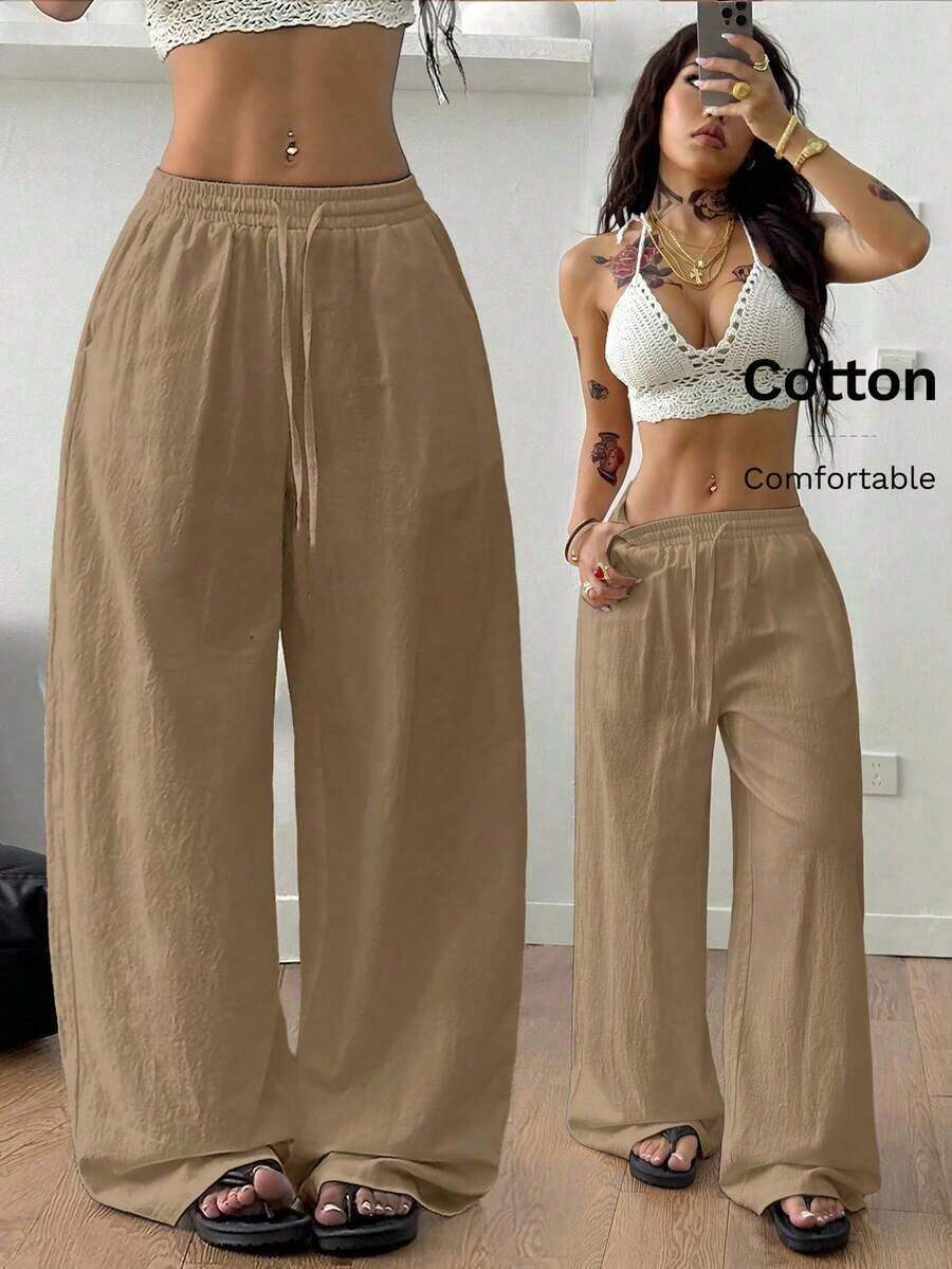 Women's 100% Cotton Washed White Trousers With A Curved Hem, Minimalist Basic Style, Perfect For Summer Country Concerts, Going Out, The Beach, And Bohemian Vacations. Women's Clothing For Autumn. - Quả hồng 2 - Xem 1