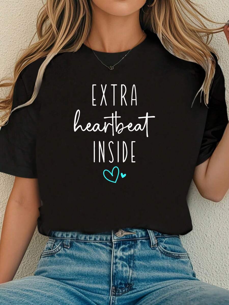 Heartbeat Lined T-Shirt, New Mom T-Shirt, Maternity T-Shirt, Pregnant Mom T-Shirt, Mother's Day T-Shirt, Announcement T-Shirt - 黑色 - 查看 1