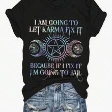 Moon & Star Print Crew Neck Short Sleeve Casual T-Shirt - Soft Slight Stretch Fabric, Machine Washable, Drawing Pattern, Positioning Printing - Perfect For Spring, Summer, Fall Seasons - Black - View 1