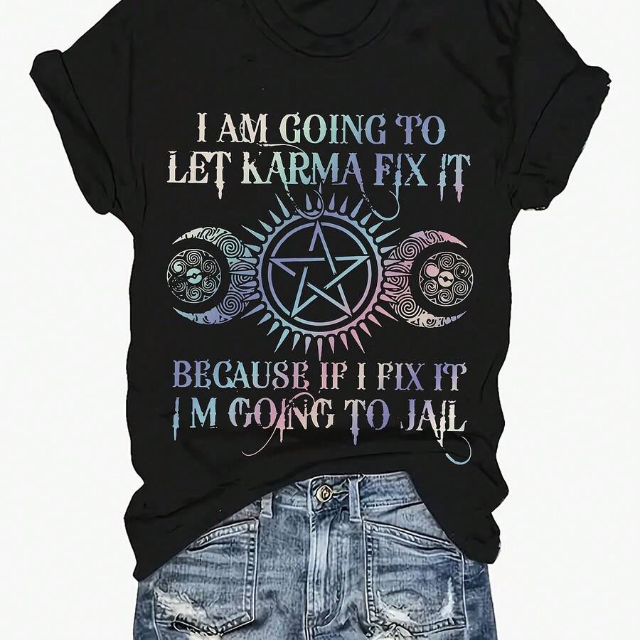 Moon & Star Print Crew Neck Short Sleeve Casual T-Shirt - Soft Slight Stretch Fabric, Machine Washable, Drawing Pattern, Positioning Printing - Perfect For Spring, Summer, Fall Seasons - Black - View 1