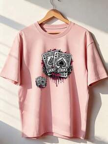 T-Shirt With Ace Of Spades And "LUCKY STRIKE" Text,  Short-Sleeved T-Shirt For Spring And Summer 2026, Made In Mexico, 180 Grams. Cartoon Print, Couple Design, Suitable For Indoor Or Outdoor Wear. Crew Neck, Unisex, Ideal For The Office And Leisure. One-Pack. - PK-P631577SLNDXZGY525 - 查看 1