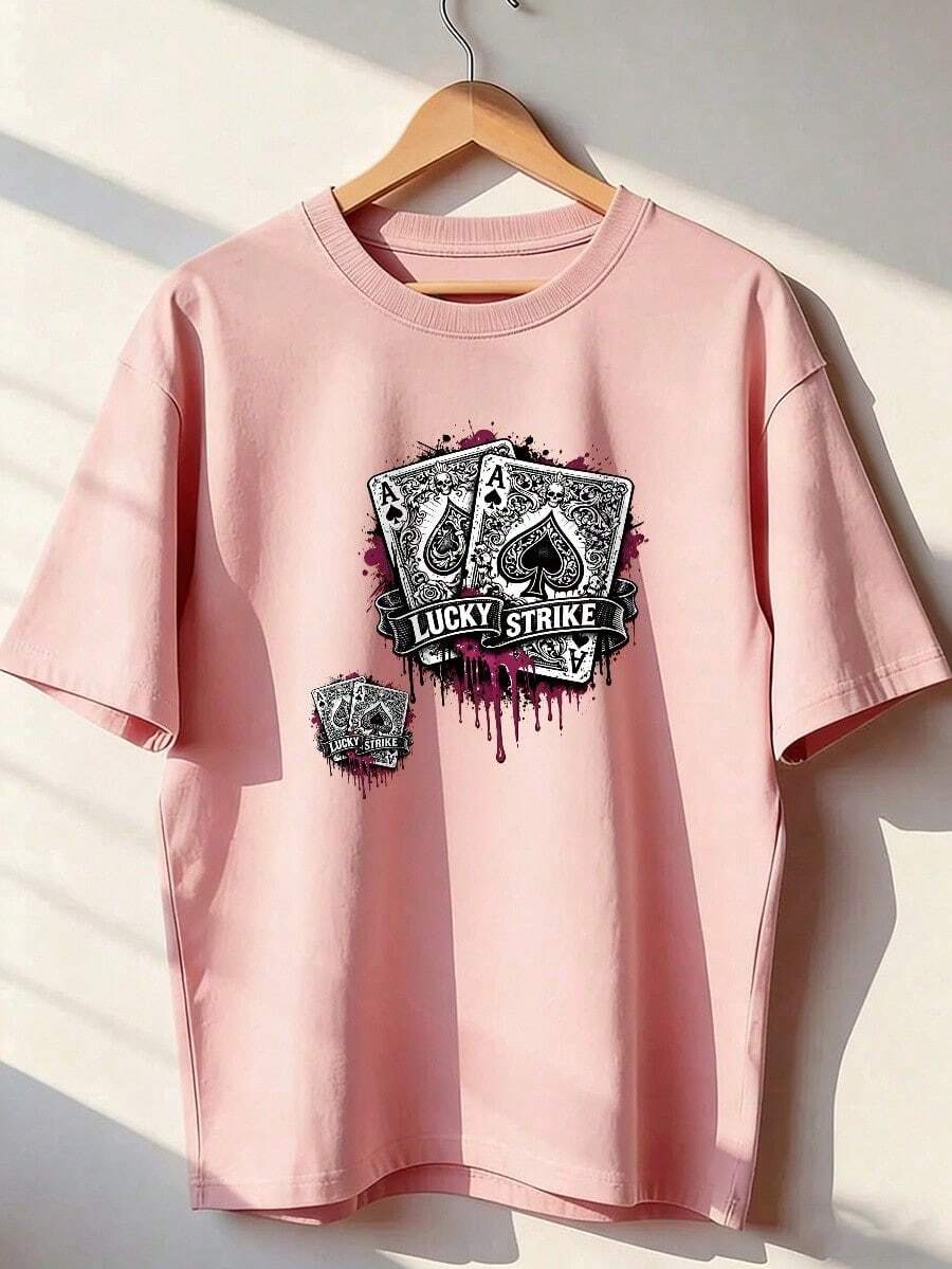 T-Shirt With Ace Of Spades And "LUCKY STRIKE" Text, Short-Sleeved T-Shirt For Spring And Summer 2026, Made In Mexico, 180 Grams. Cartoon Print, Couple Design, Suitable For Indoor Or Outdoor Wear. Crew Neck, Unisex, Ideal For The Office And Leisure. One-Pack. - PK-P631577SLNDXZGY525 - 查看 1