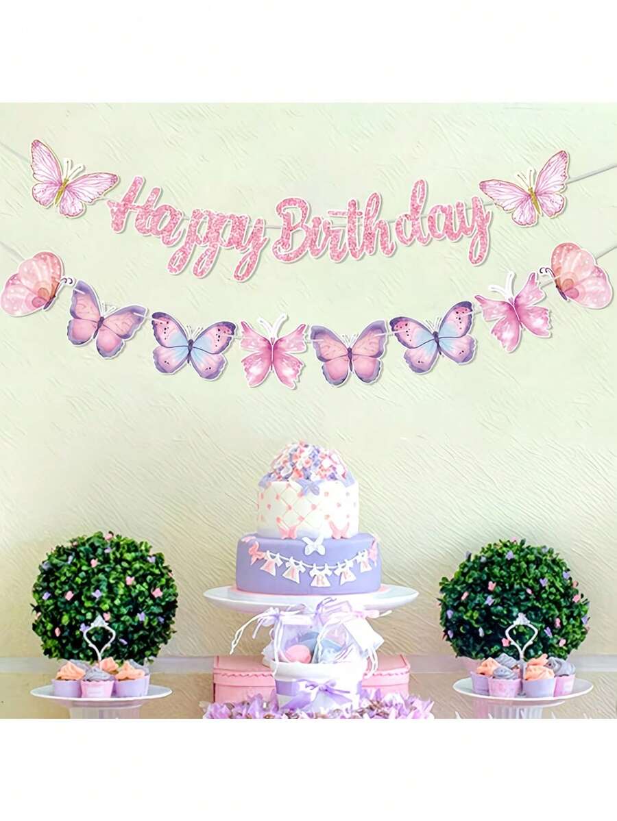 2pcs/Set Butterfly Birthday Pull Flags, Cartoon Pink Butterfly Birthday Banner With "Happy Birthday" Text, Suitable For Butterfly Themed Birthday Party Wall Decor, Perfect For Butterfly Style Party And Home Decor - Multiple Styles - View 1