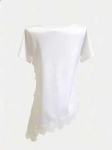 Women's T-Shirt With Ruffled Collar And Lace, Elegant And Fashionable, Suitable For Valentine's Day, Weddings, Holidays, Casual Outings, Parties, With An Asymmetrical Hem And Stretchy Fabric - 白色的 - 查看 2