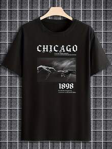 Men's Chicago 1898 Graphic T-Shirt - Casual Short Sleeve Crew Neck T-Shirt With Bold Letter Print, Black And White Design, Lightweight Summer Fabric, Breathable Clothing | Graphic Print T-Shirt | Woven Texture - màu đen - Xem 1