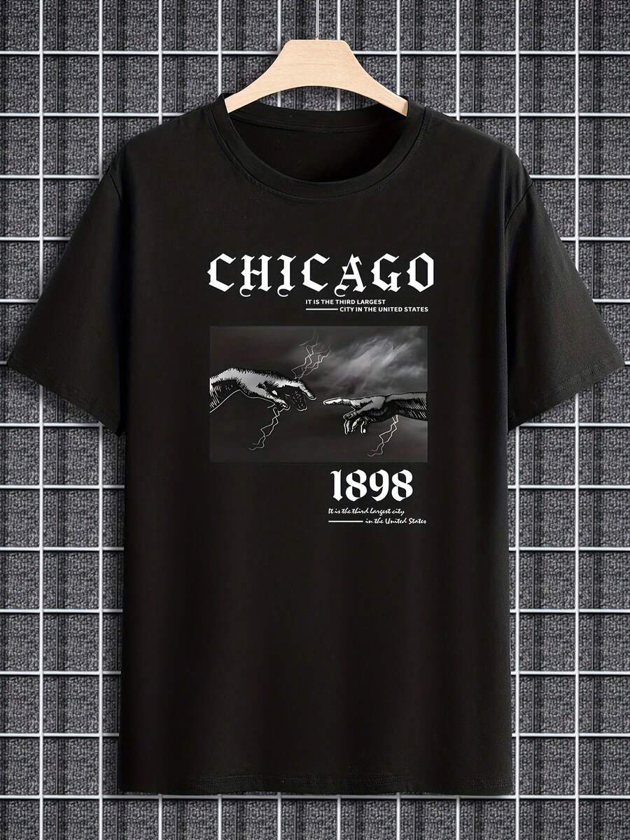 Camiseta gráfica para hombre Chicago 1898 - Camiseta casual de manga corta con cuello redondo y estampado de letras fuertes, diseño negro y blanco, tejido ligero para verano, ropa transpirable | Camiseta con estampado gráfico | Textura tejida