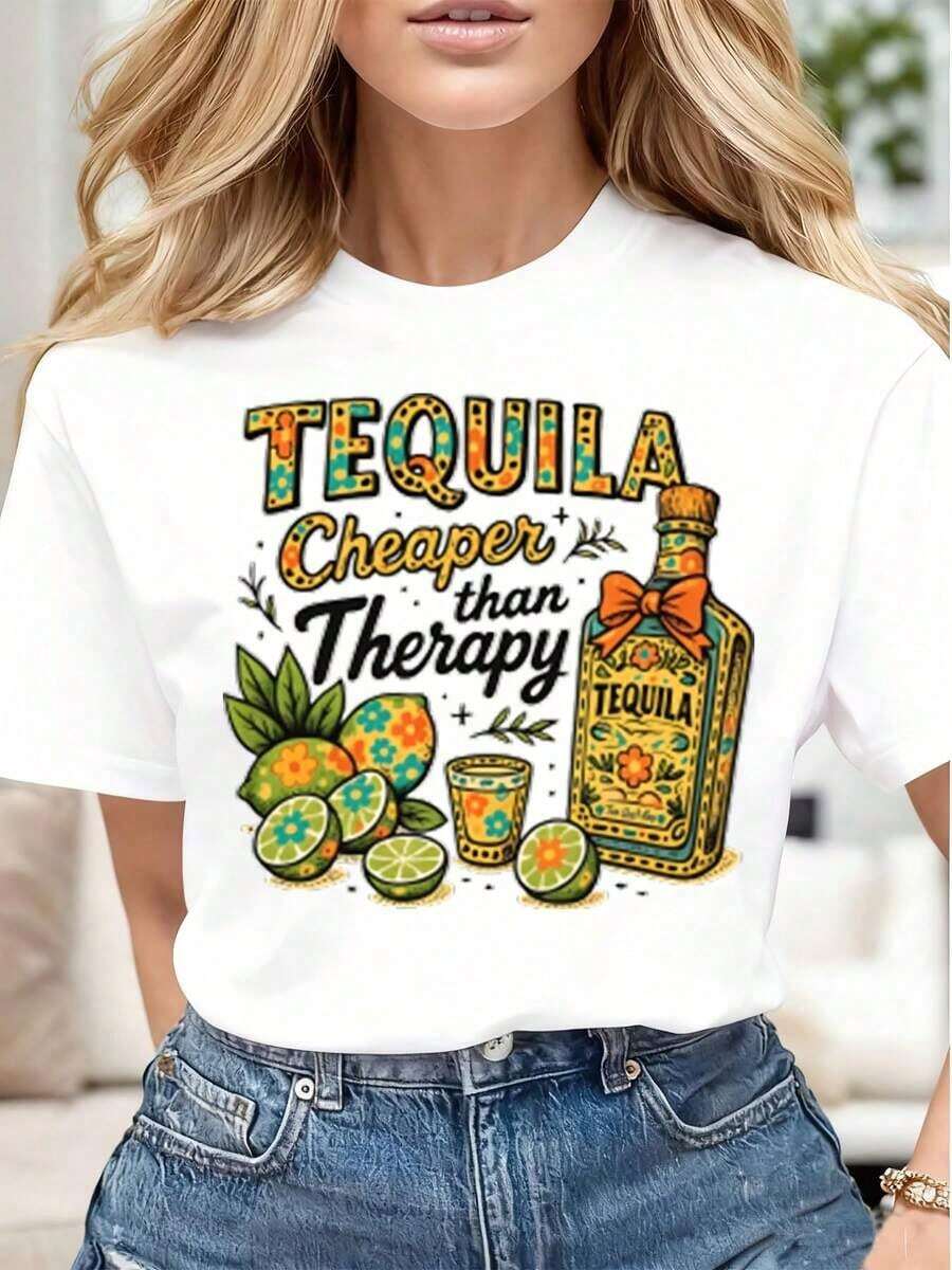 Women's Casual T-Shirt With Tequila Print (Cheaper Than Therapy), Bottle And Limes, Soft And Comfortable, Gift For Birthday, Cinco De Mayo Party, Cool Summer Clothes For Women - 白色 - 查看 1