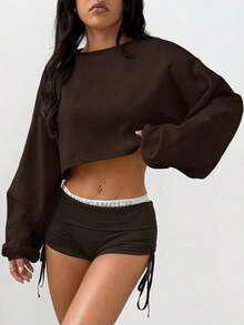 Women's Loose-Fitting Solid Color Crop Top, Black, Spring - Coffee - 查看 3