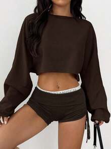 Women's Loose-Fitting Solid Color Crop Top, Black, Spring - Coffee - 查看 4