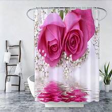 1/4 件套粉色玫瑰花浴室套装，花卉图案浴室组合，防水布浴帘，防滑浴垫，马桶盖套，浪漫玫瑰湖倒影 - A - 查看 6