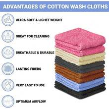 Cotton Washcloth Set – Soft, Absorbent Face Towels For Bathroom & Gym Use – Reusable, Durable & Machine Washable Wash Cloths - Multicolor - View 2
